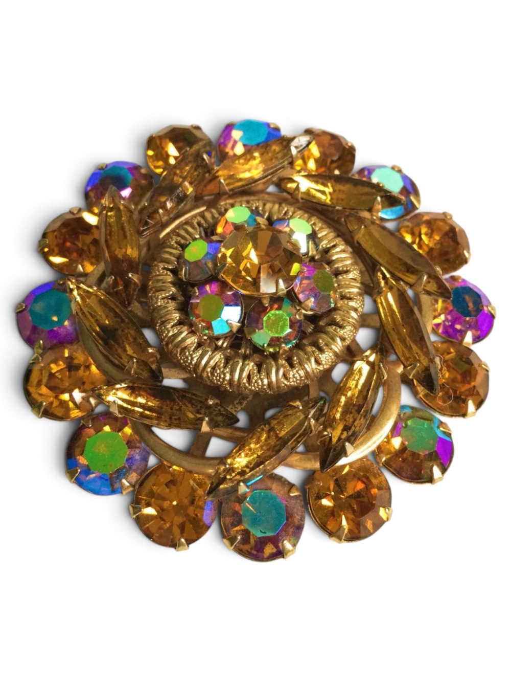 Vintage Amber & AB Crystal Rhinestone Layered Domed Cluster Brooch - Picture 8 of 13